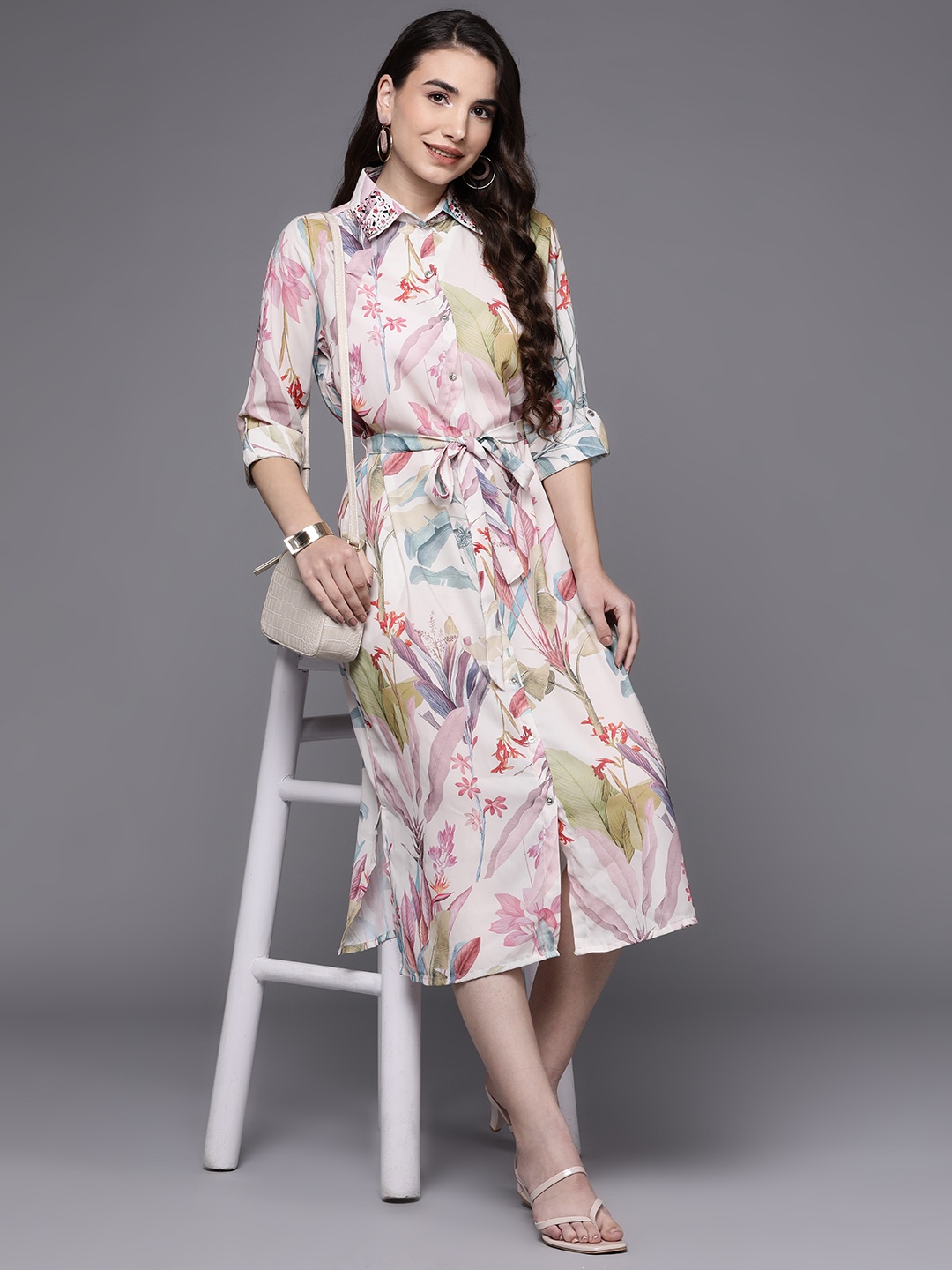 

Indo Era White Tropical Satin Shirt Midi Dress
