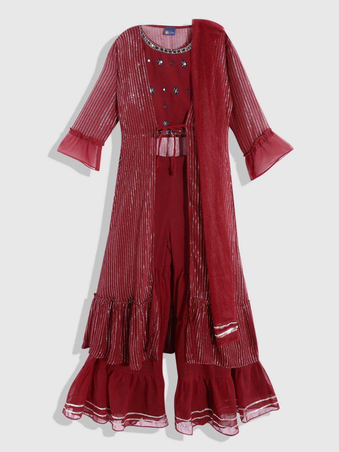 

YK Girls Maroon Embellished Top & Sharara with Ethnic Shrug