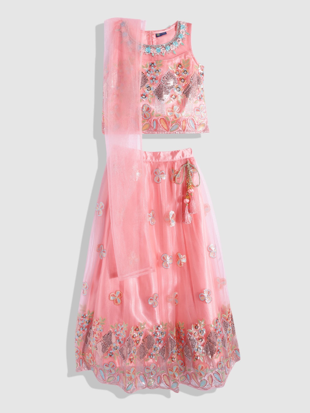 

YK Girls Peach-Coloured & Blue Embroidered Beads and Stones Ready to Wear Lehenga & Blouse With Dupatta