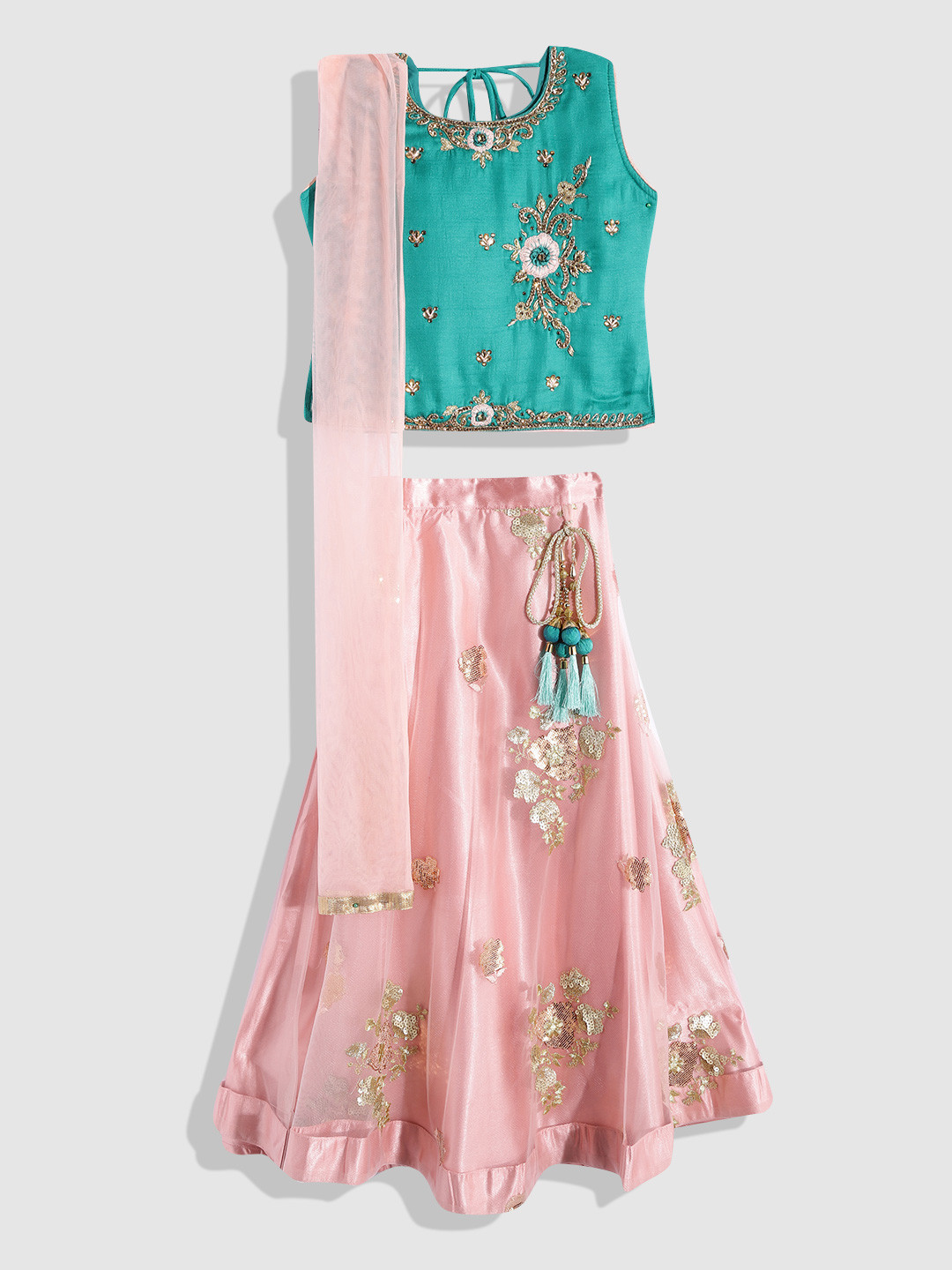 

YK Girls Teal & Pink Embroidered Beads and Stones Ready to Wear Lehenga & Blouse With Dupatta