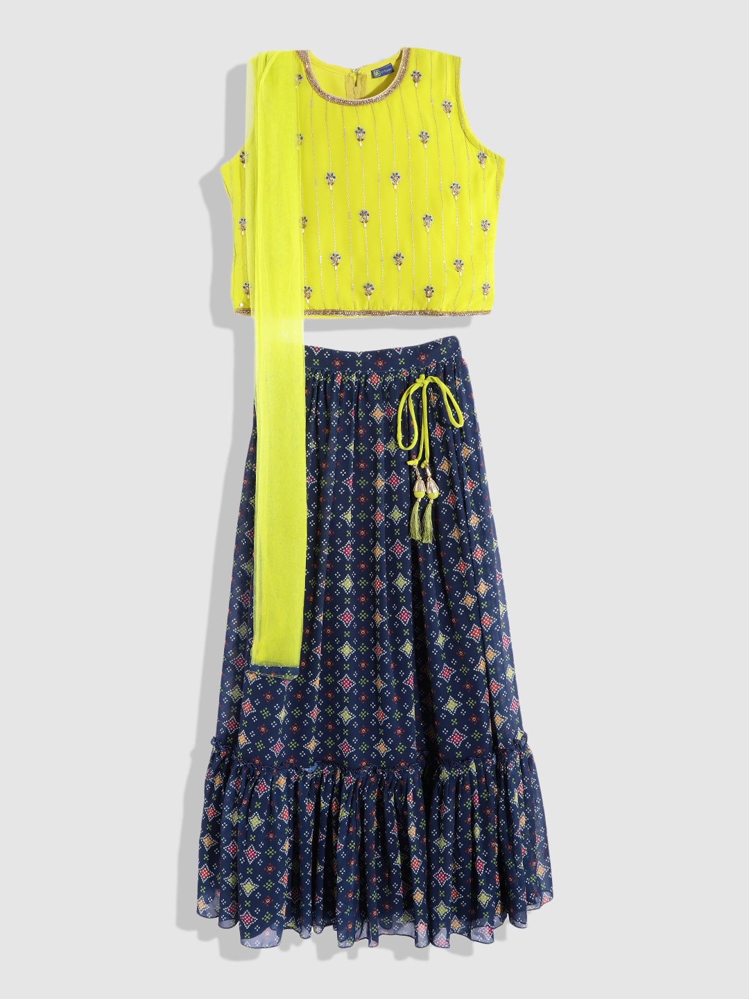 

YK Girls Yellow & Navy Blue Embellished Beads and Stones Ready to Wear Lehenga & Blouse With Dupatta