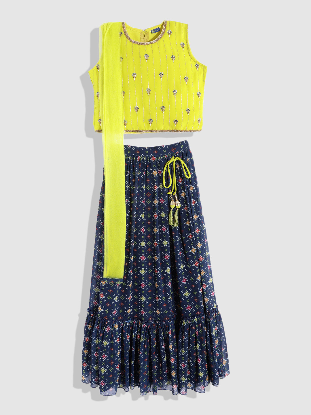 

YK Girls Yellow & Navy Blue Beads and Stones Ready to Wear Lehenga & Blouse With Dupatta