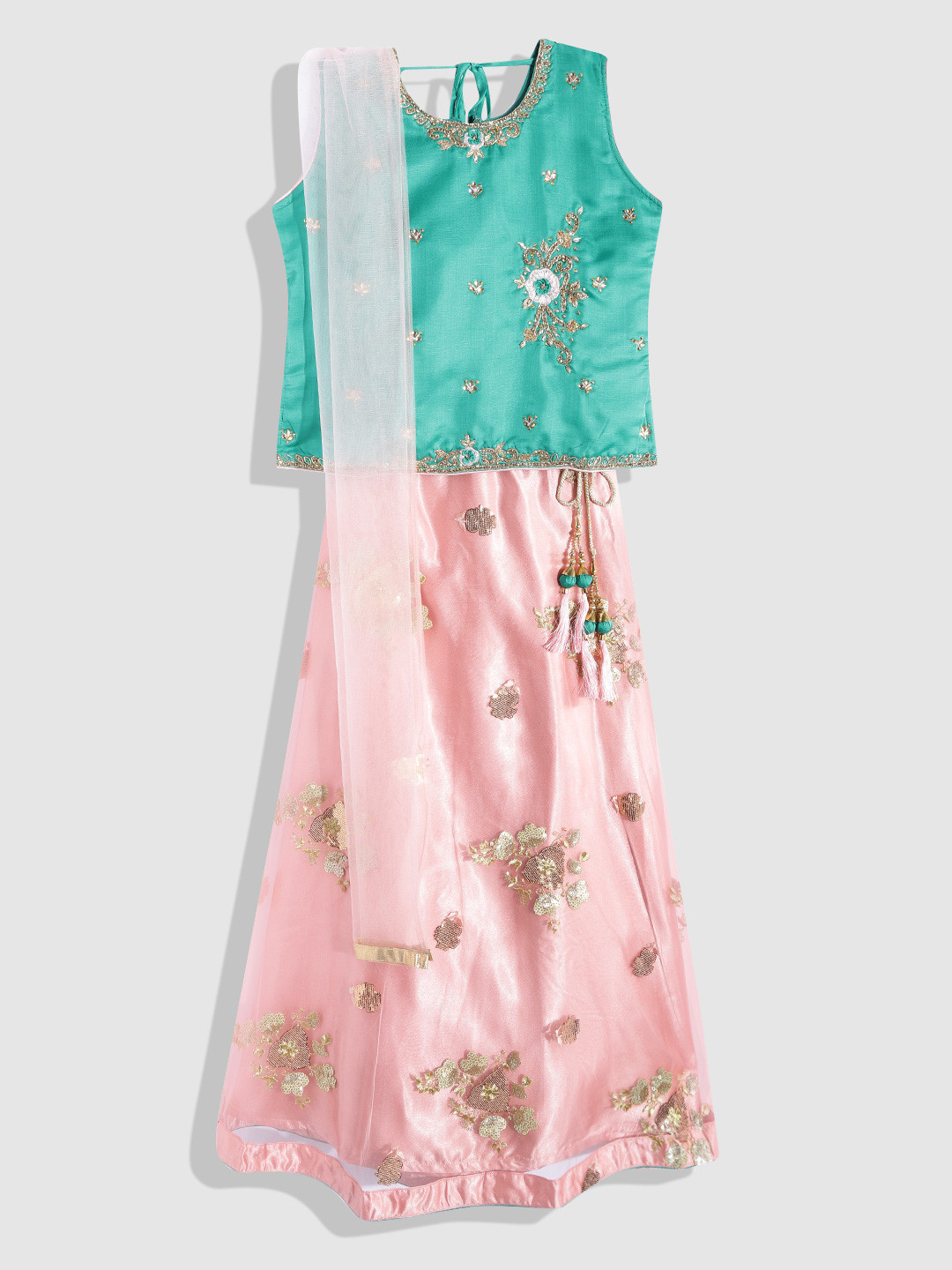 

YK Girls Teal & Pink Beads and Stones Ready to Wear Lehenga & Blouse With Dupatta, Sea green