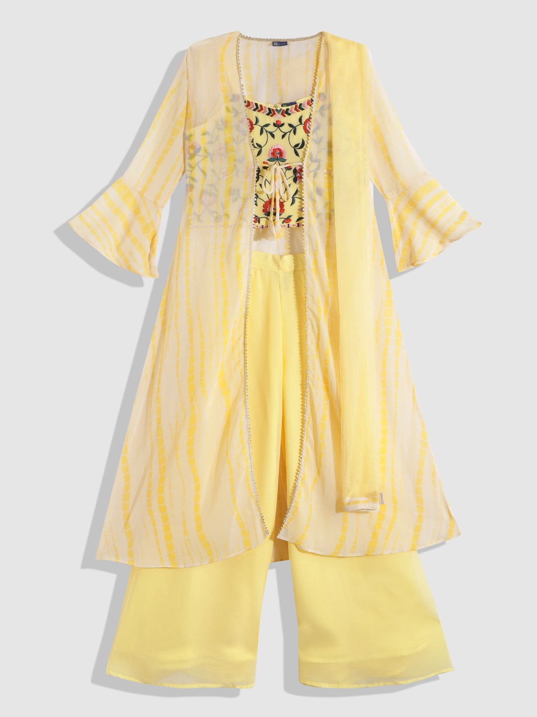 

YK Girls Yellow Floral Embroidered Top & Palazzo with Ethnic Shrug
