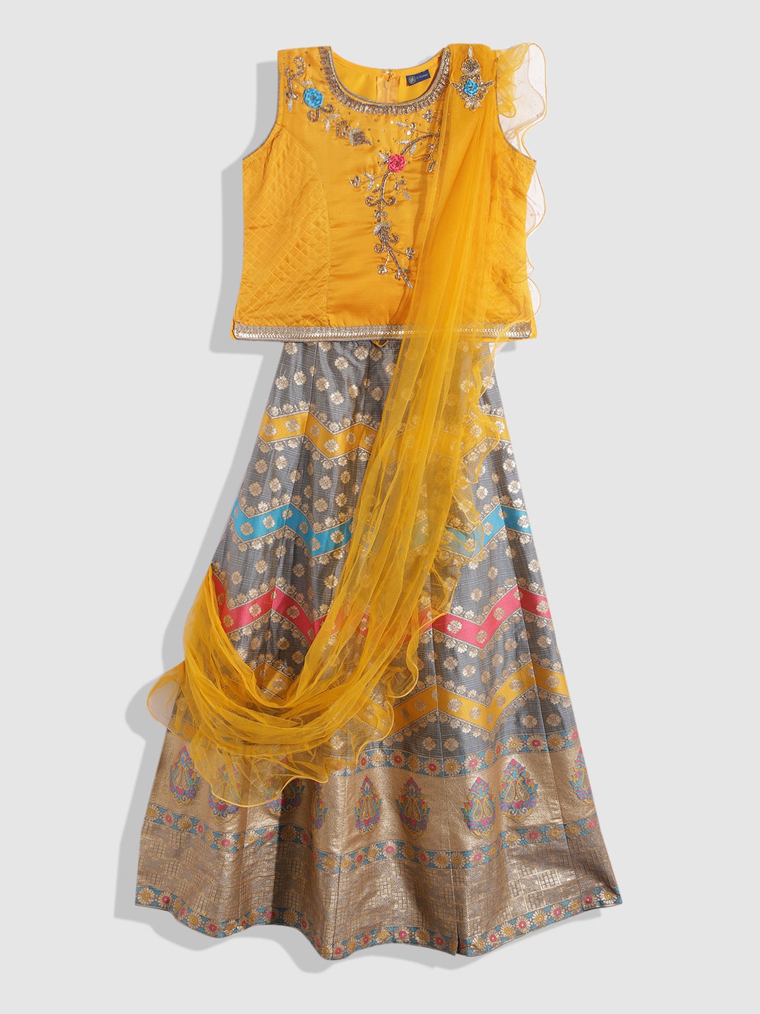 

YK Girls Yellow & Grey Embroidered Beads and Stones Ready to Wear Lehenga & Blouse With Dupatta