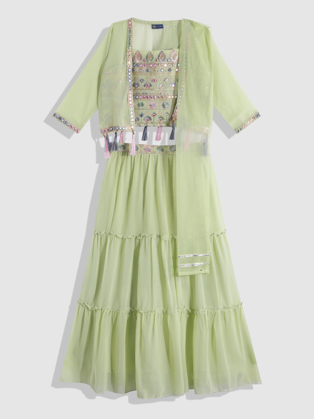 

YK Girls Sage Green Embroidered Ready to Wear Lehenga Blouse & Dupatta with Shrug