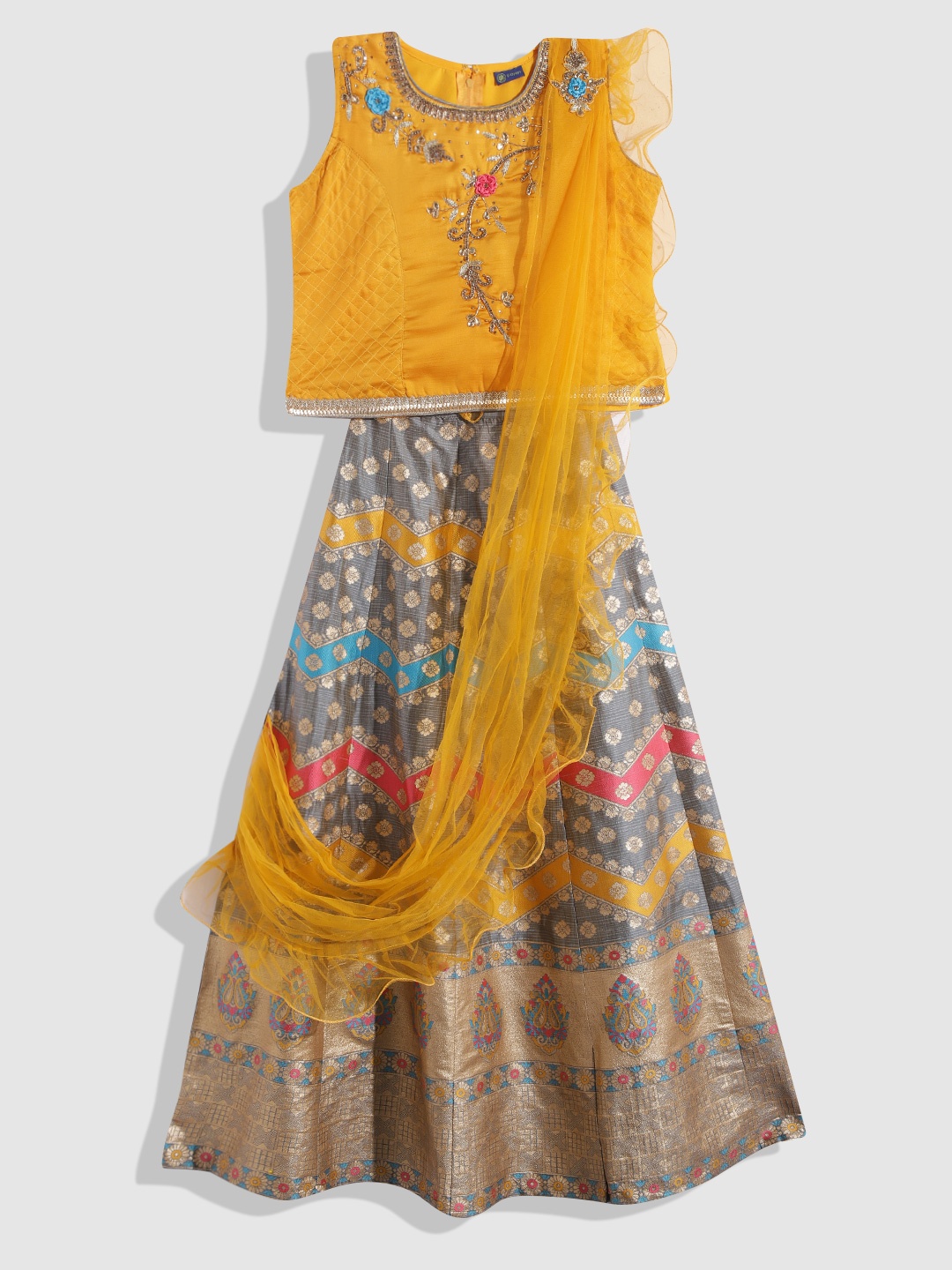 

YK Girls Yellow & Grey Beads and Stones Ready to Wear Lehenga & Blouse With Dupatta