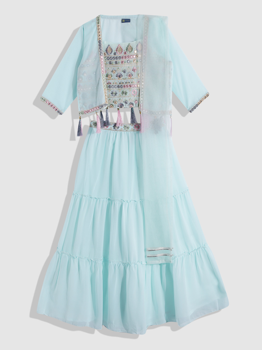 

YK Girls Blue & Pink Embroidered Ready to Wear Lehenga Blouse & Dupatta with Shrug