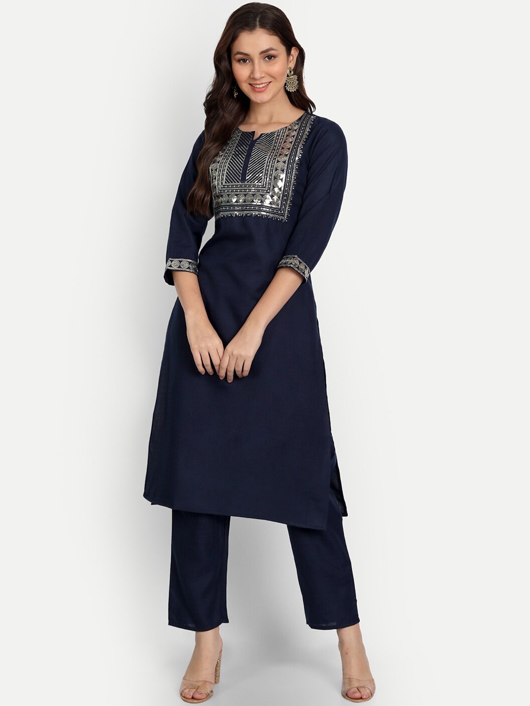 

Haute and Humble Women Blue Yoke Design Sequinned Kurta &Trouser
