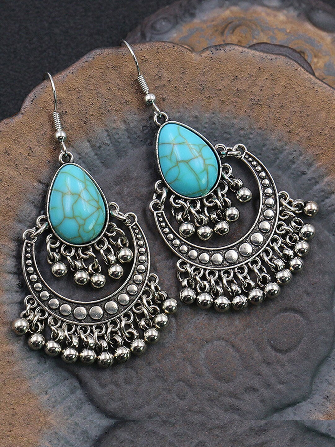 

Young & Forever Turquoise Blue & Silver-Toned Teardrop Shaped Drop Earrings