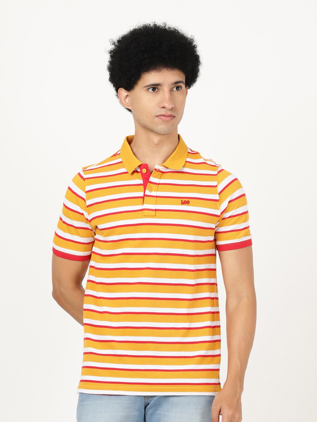 

Lee Men Yellow Striped Polo Collar Slim Fit T-shirt