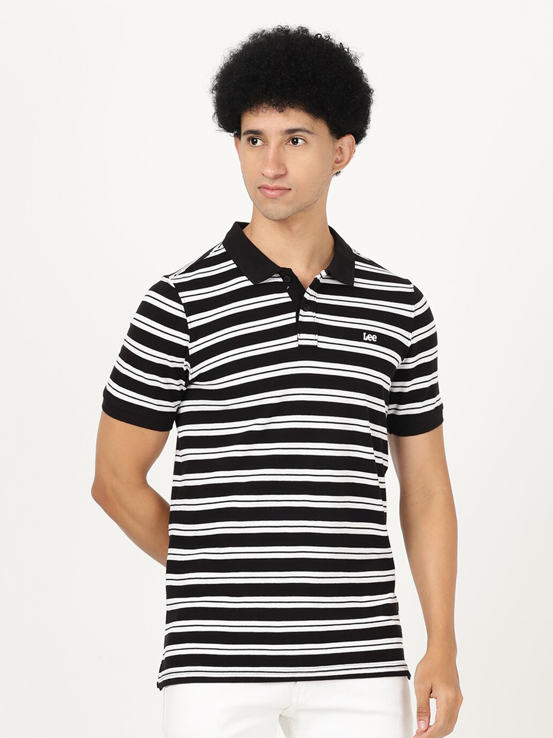 

Lee Men Black Striped V-Neck Monochrome Slim Fit T-shirt