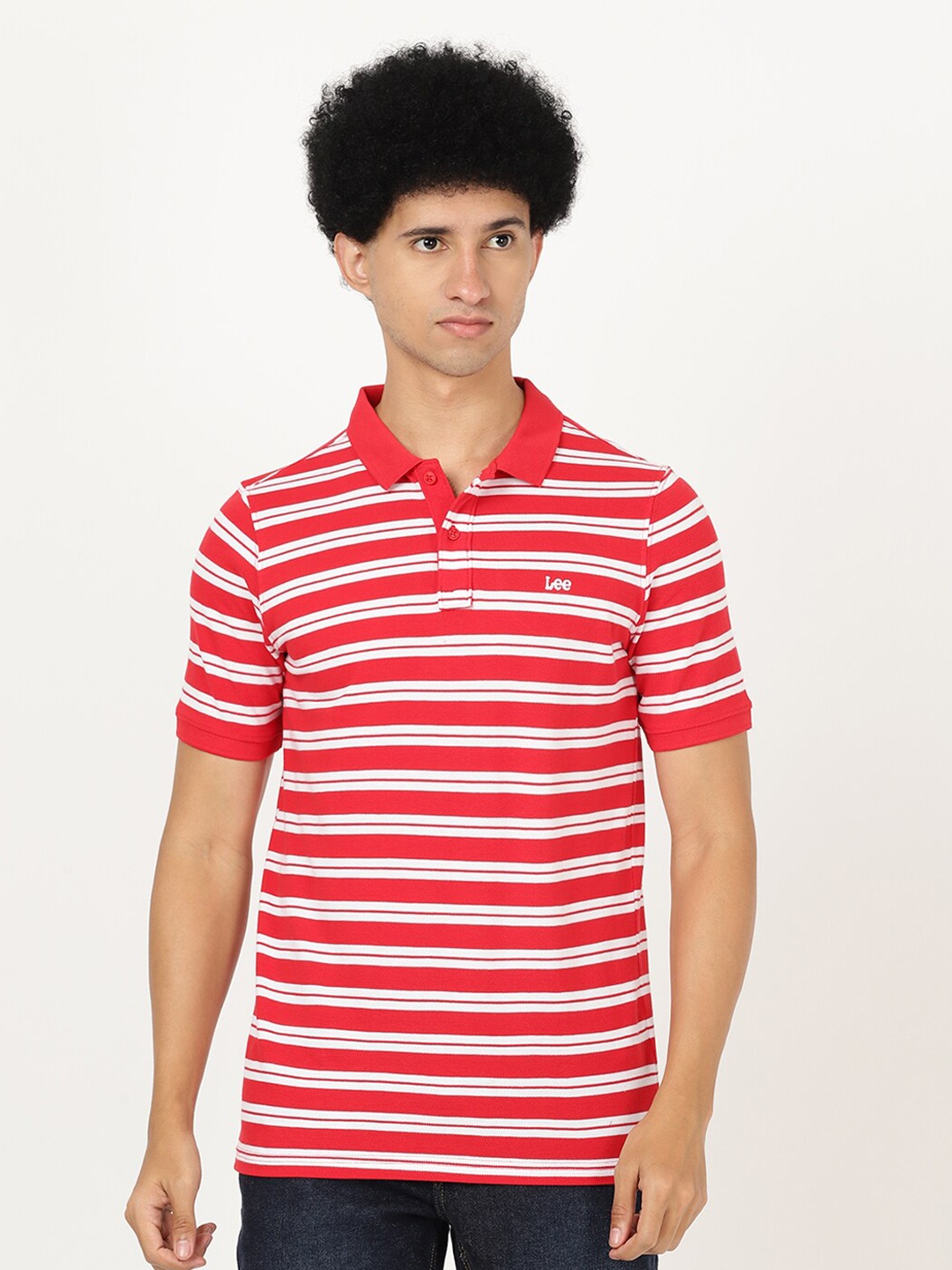 

Lee Men Red Striped Polo Collar Slim Fit T-shirt