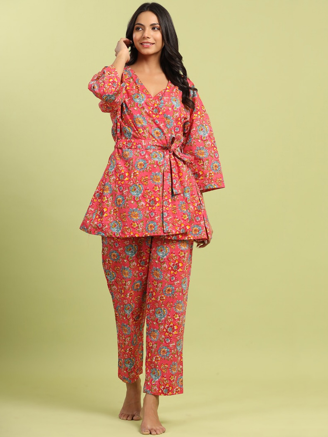 

JISORA Women Pink & Blue Printed Pure Cotton Night suit