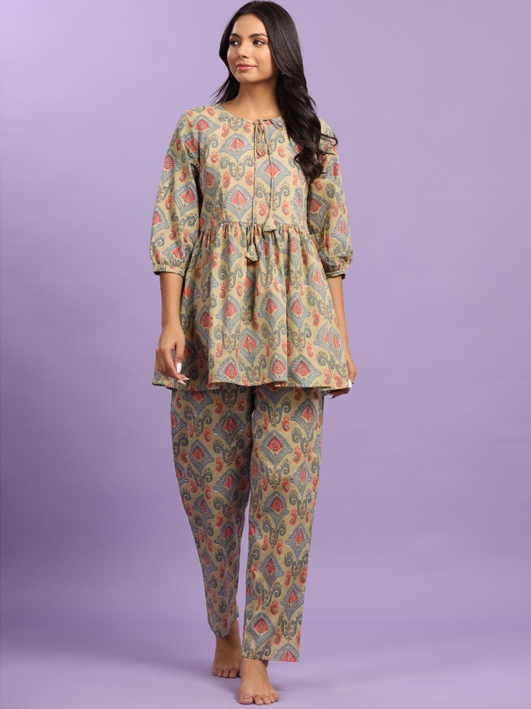 

JISORA Women Beige & Blue Printed Pure Organic Cotton Night suit