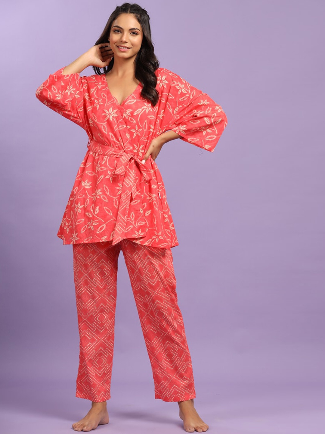 

JISORA Women Pink Printed Pure Cotton Night suit