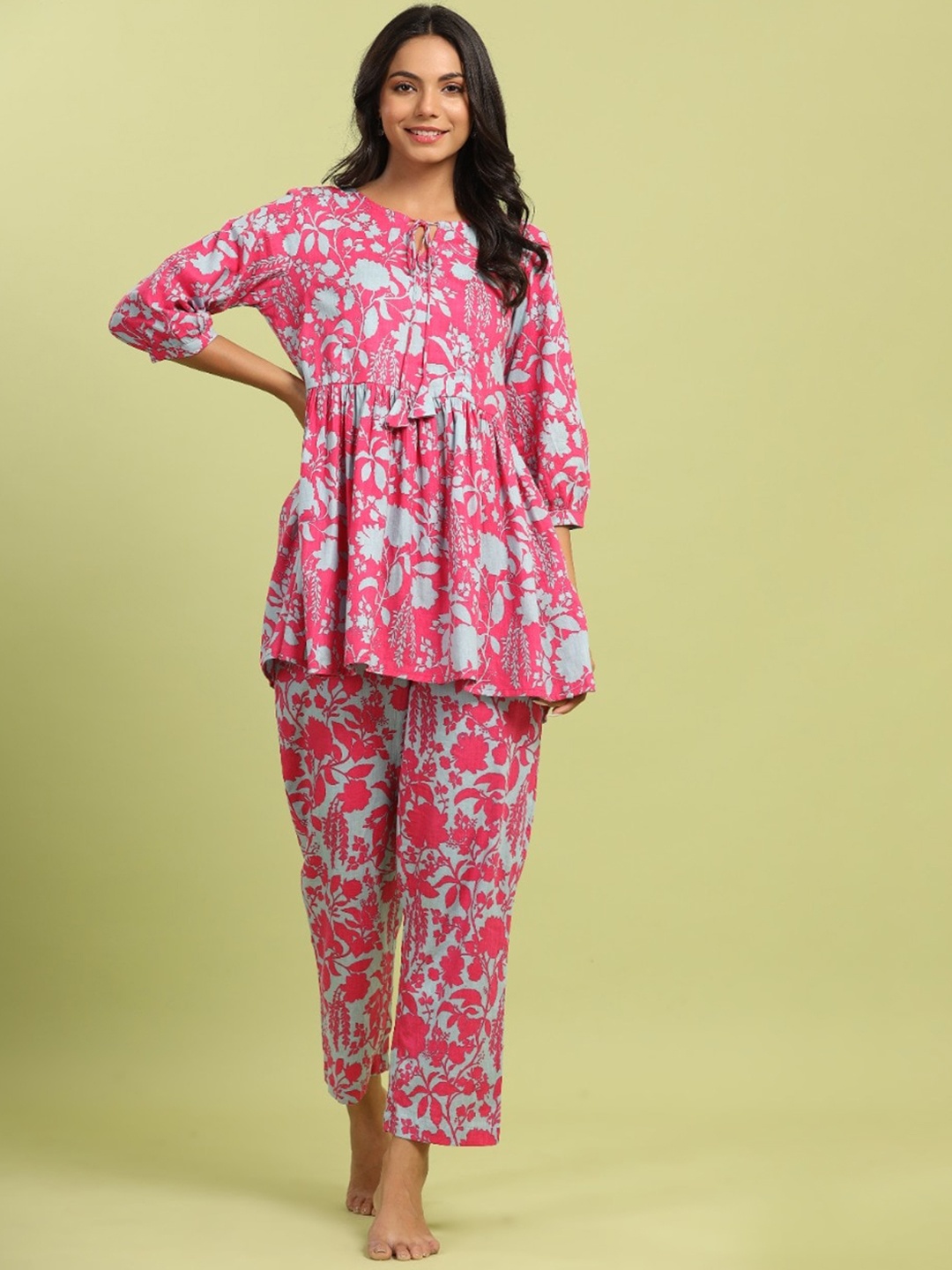 

JISORA Women Pink & White Printed Pure Organic Cotton Night suit