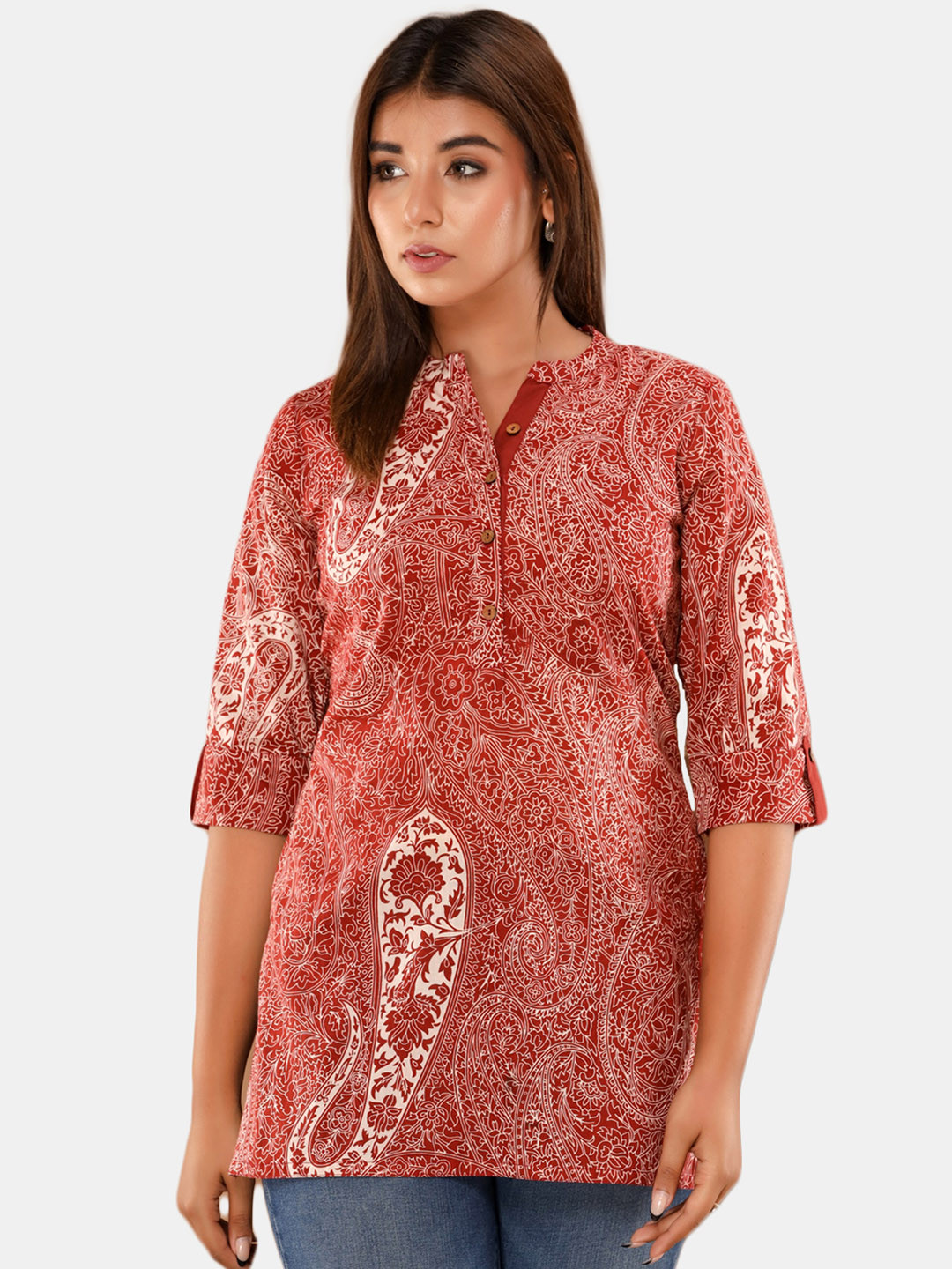 

IRIDAA JAIPUR Maroon & White Paisley Printed Pure Cotton Kurti