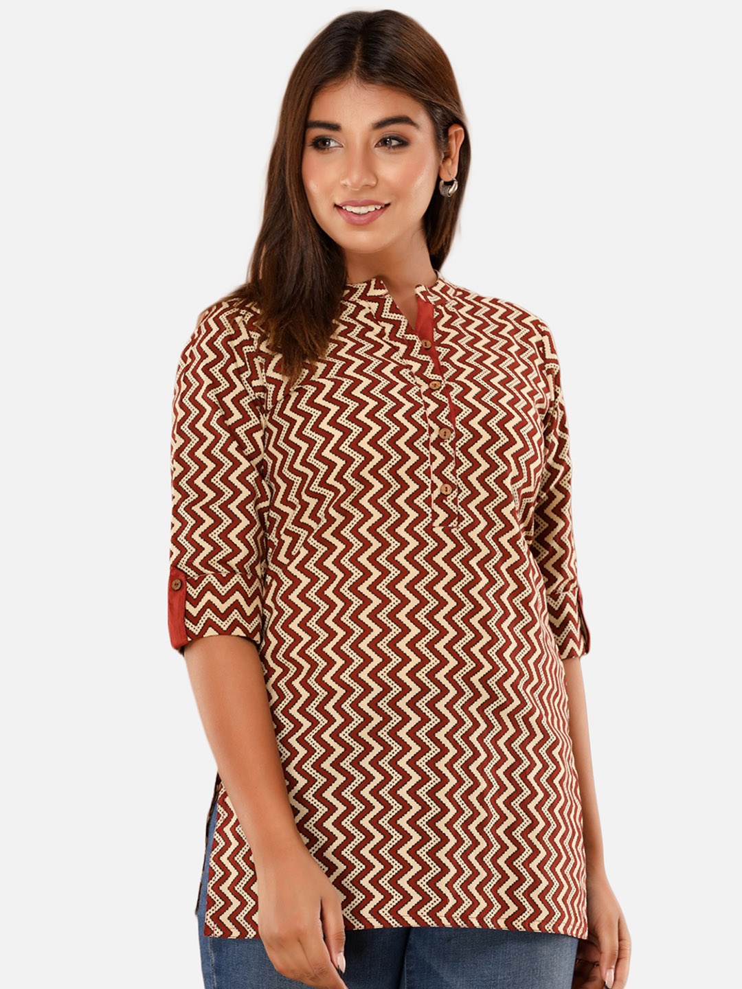 

IRIDAA JAIPUR Beige & Maroon Geometric Printed Pure Cotton Kurti