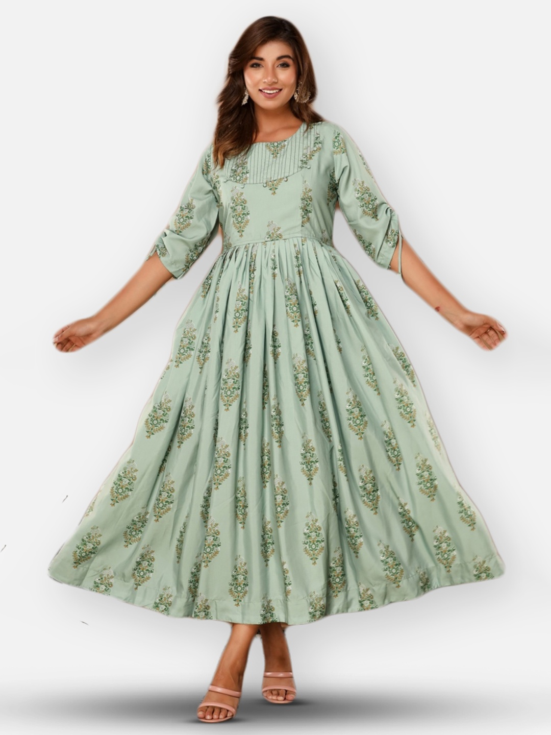 

IRIDAA JAIPUR Green Ethnic Pure Cotton Maxi Dress Gown, Sea green