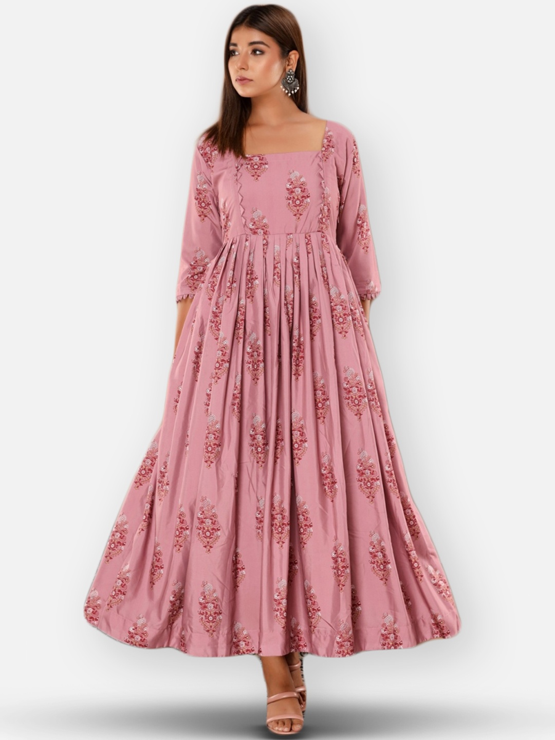 

IRIDAA JAIPUR Women Pink Floral A-Line Maxi Pure Cotton Dress