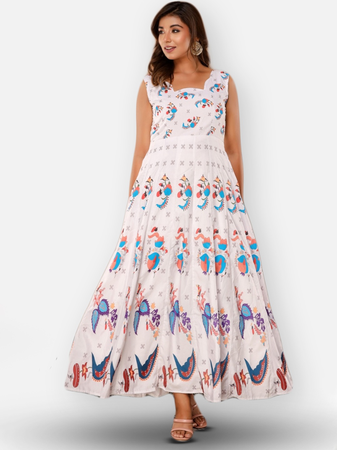 

IRIDAA JAIPUR Off White Floral Ethnic A-Line Maxi Pure Cotton Dress