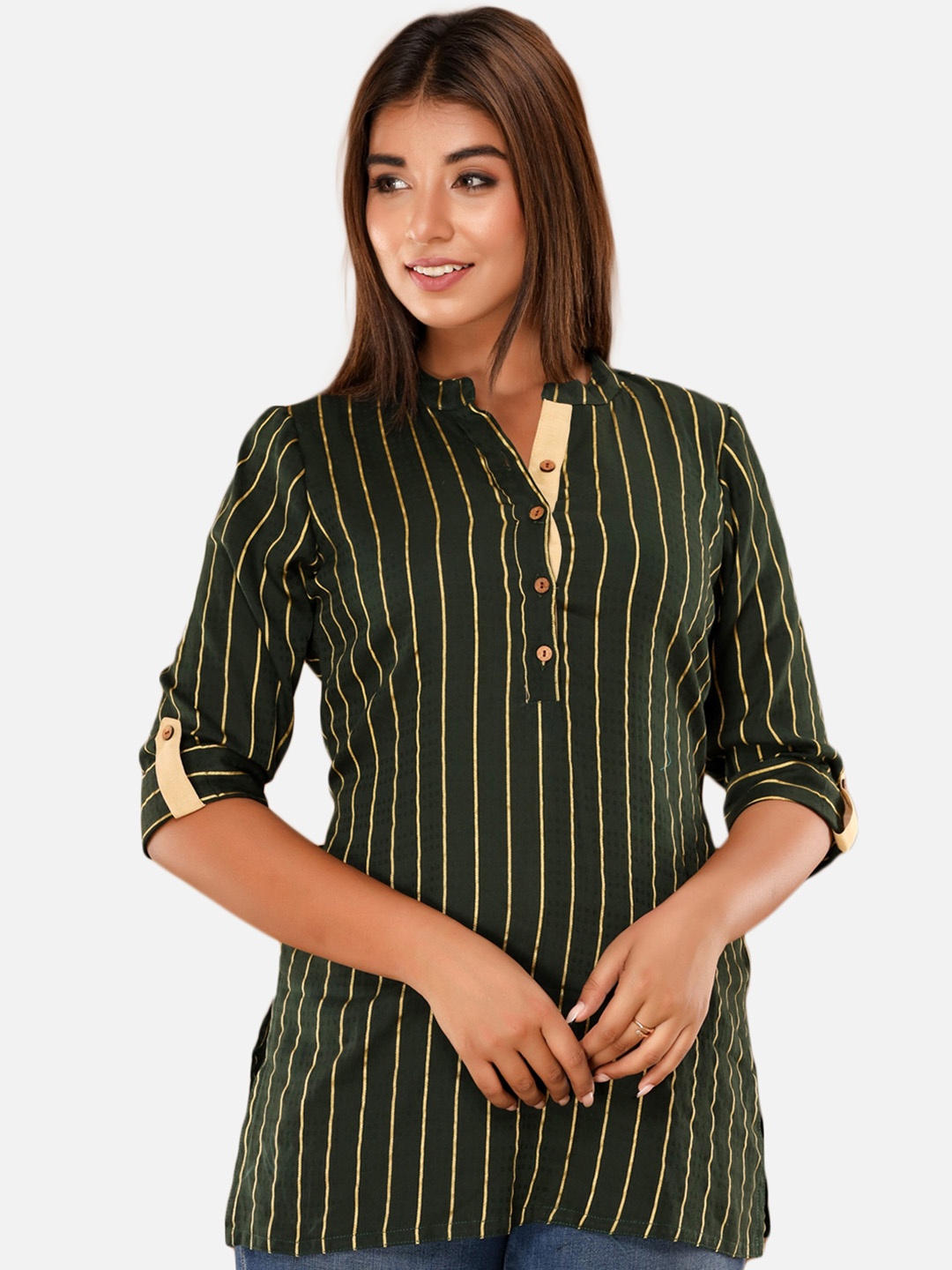

IRIDAA JAIPUR Blue & Brown Striped Pure Cotton Kurti