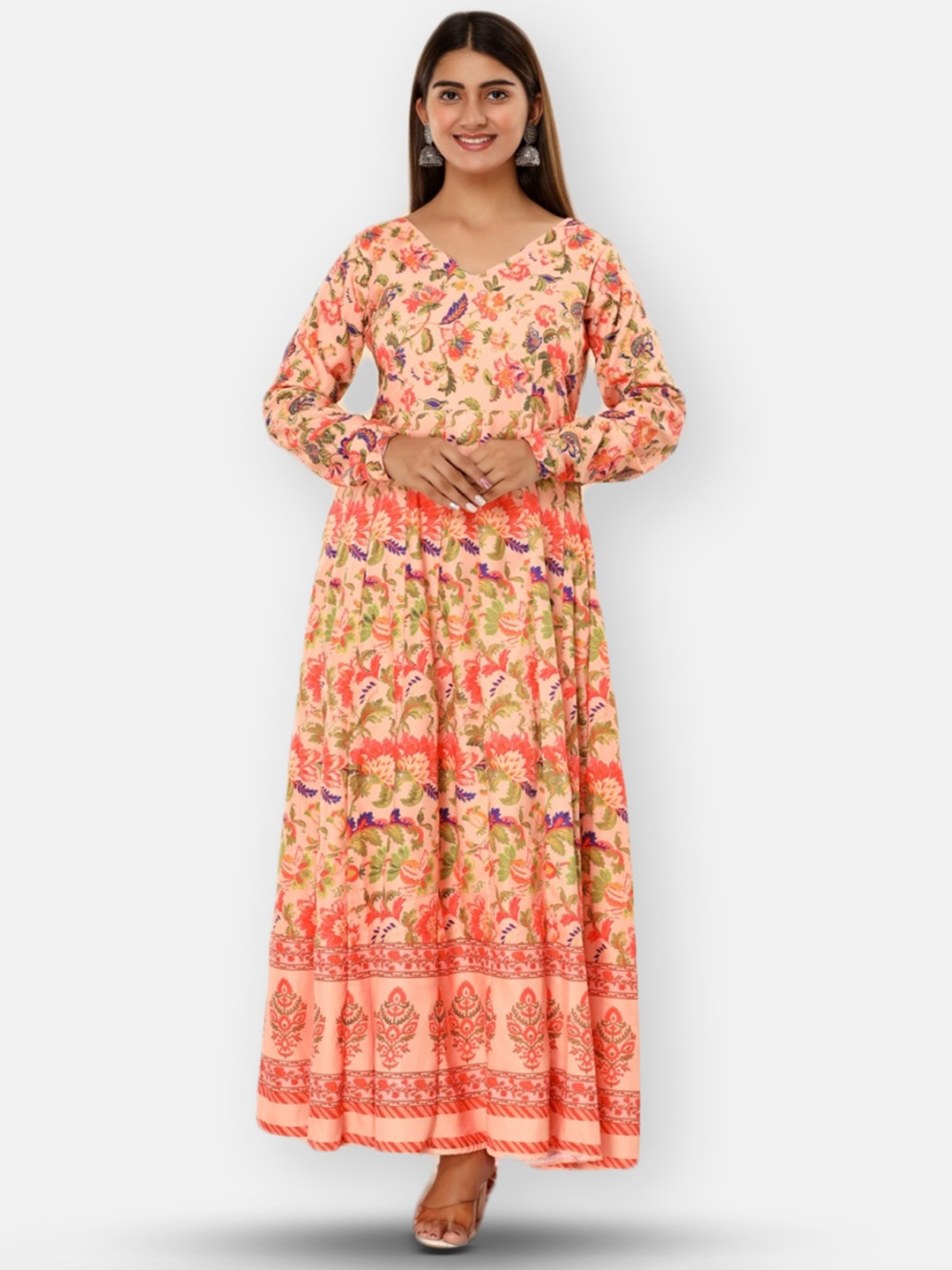 

IRIDAA JAIPUR Women Peach-Coloured Floral Ethnic A-Line Maxi Cotton Dress