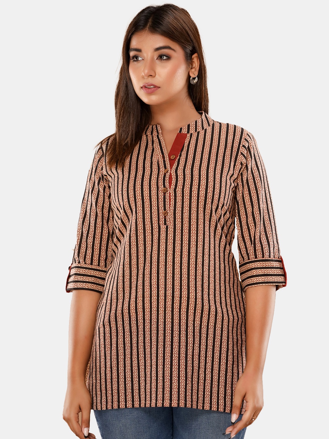 

IRIDAA JAIPUR Black & Maroon Striped Pure Cotton Kurti
