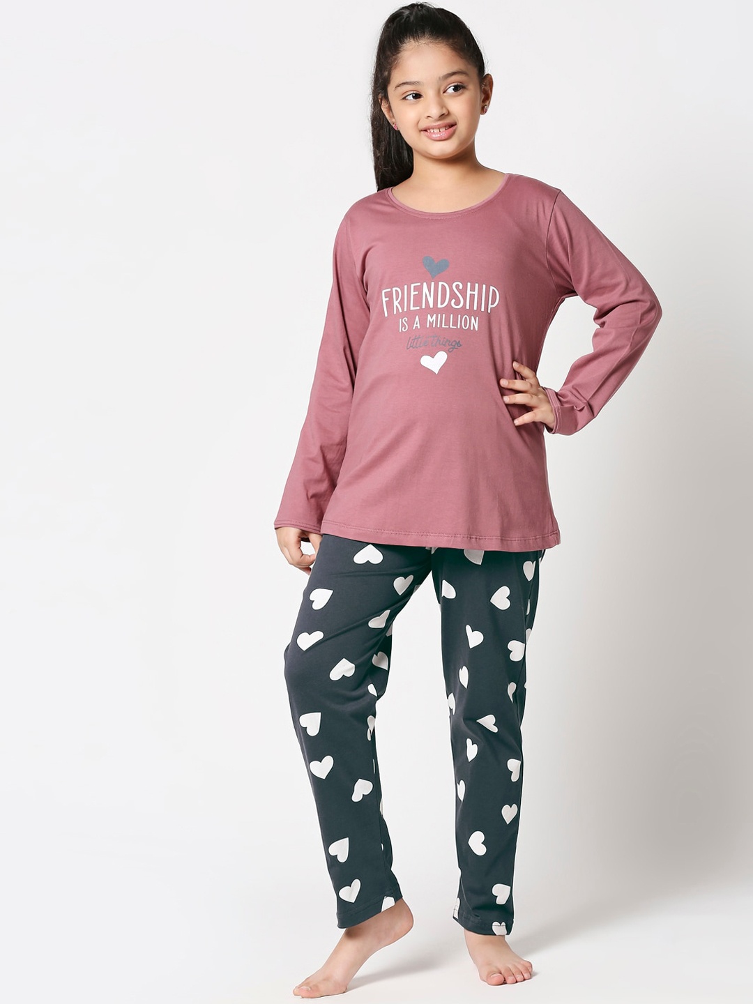 

Zeyo Girls Brown & Grey Printed Night suit