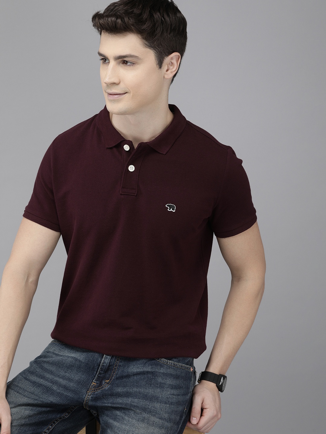 

THE BEAR HOUSE Men Burgundy Polo Collar Slim Fit T-shirt