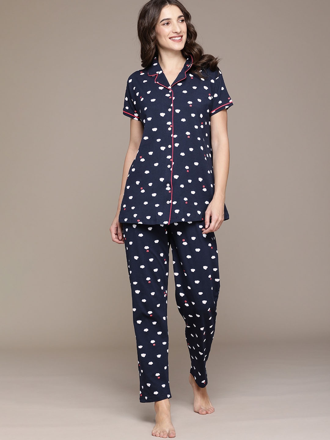 

beebelle Women Navy Blue & White Printed Pure Cotton Nightsuit