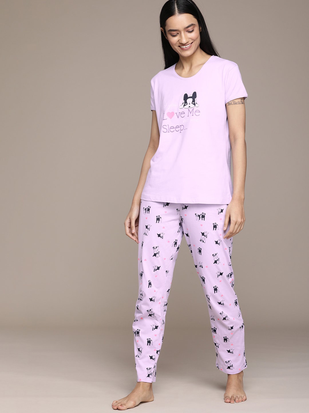 

beebelle Women Lavender & Black Printed Pure Cotton Nightsuit