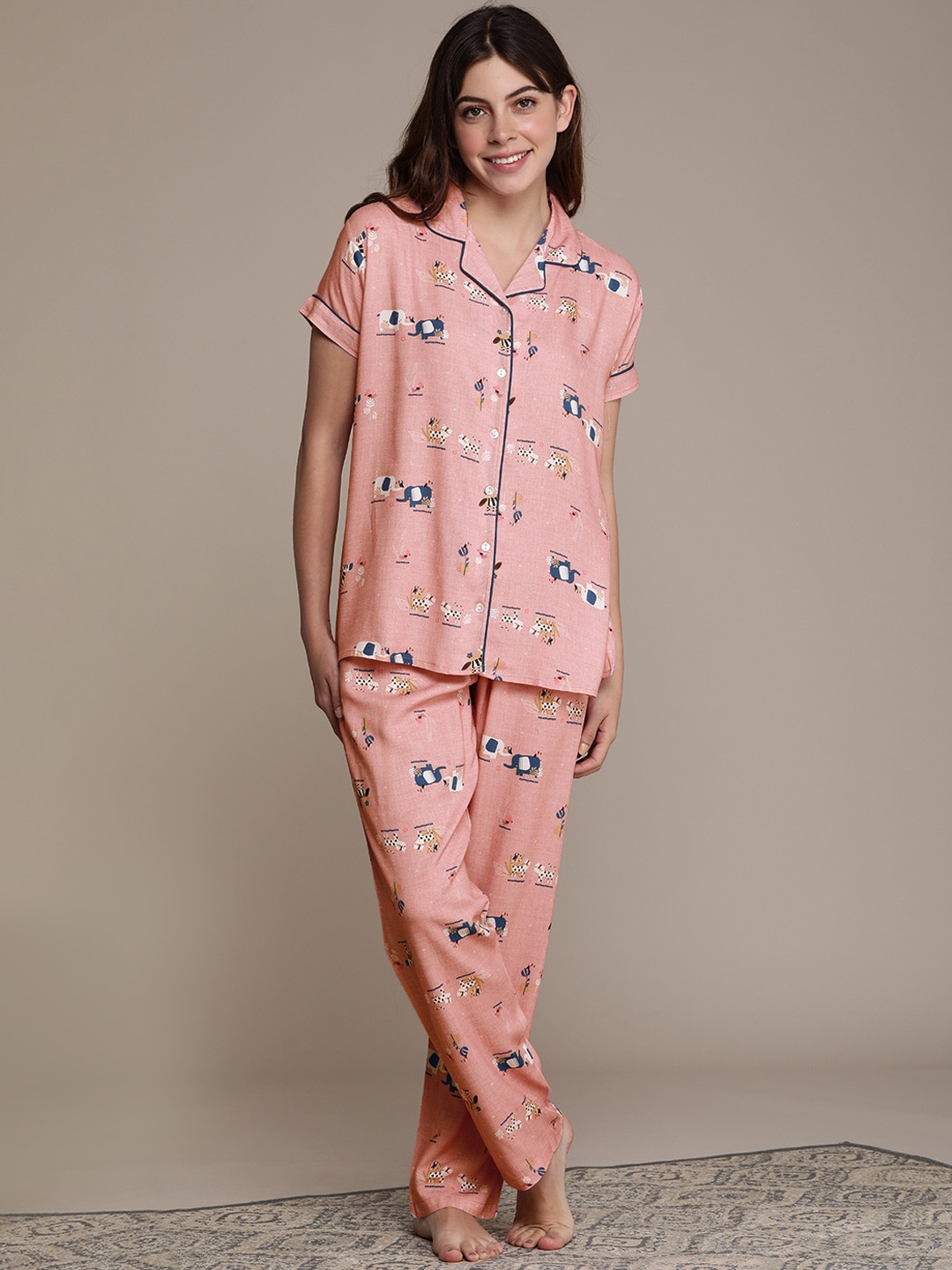 

beebelle Women Pink & Blue Printed Nightsuit