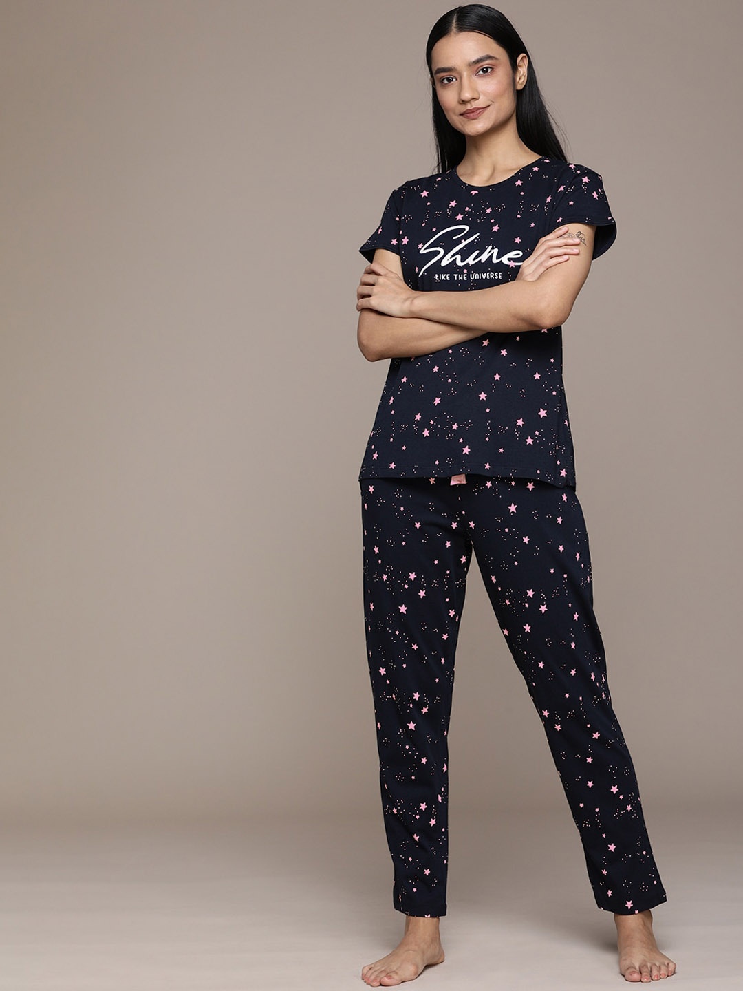 

beebelle Women Navy Blue & White Printed Pure Cotton Nightsuit