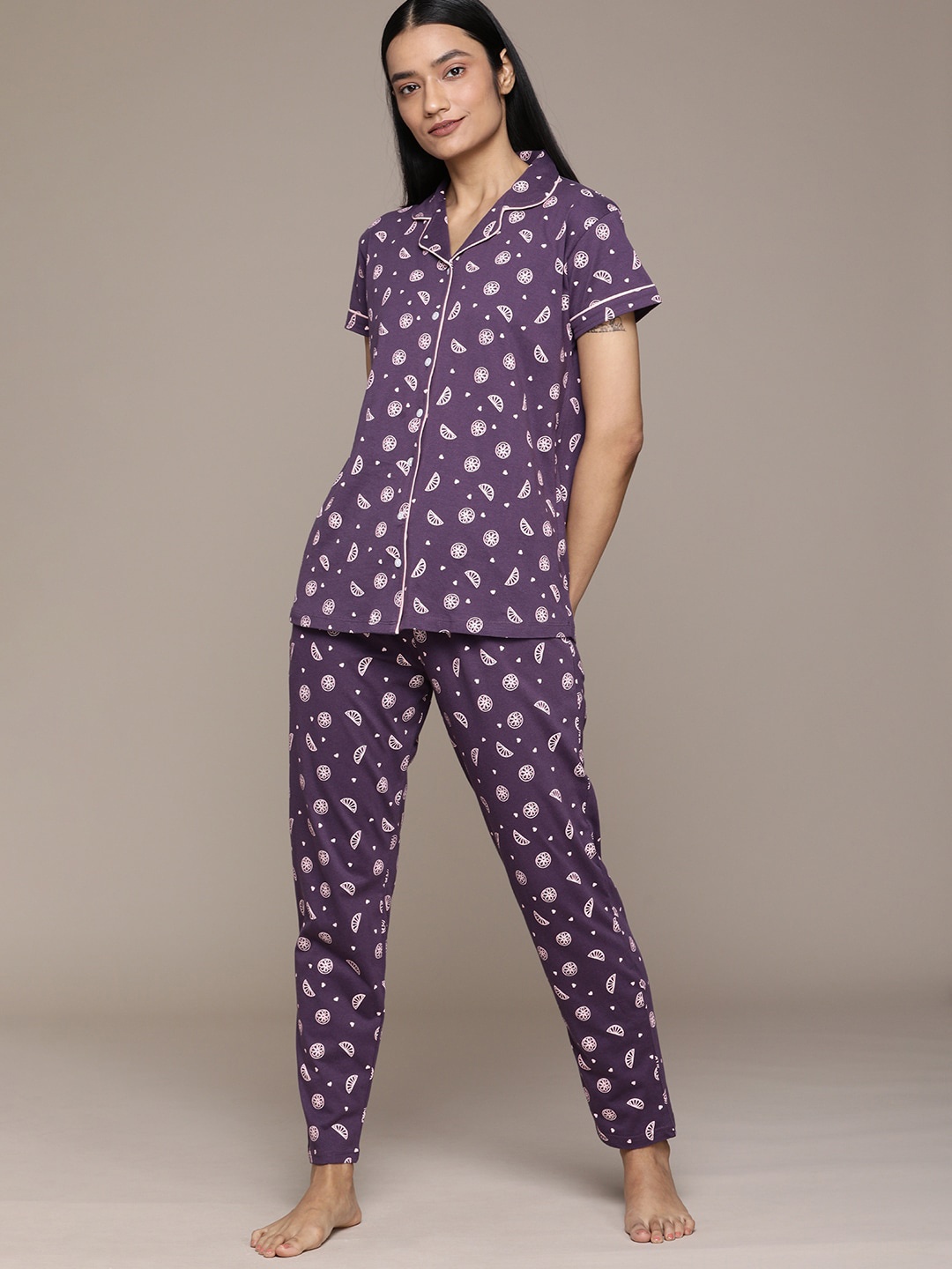 

beebelle Women Purple Printed Pure Cotton Nightsuit