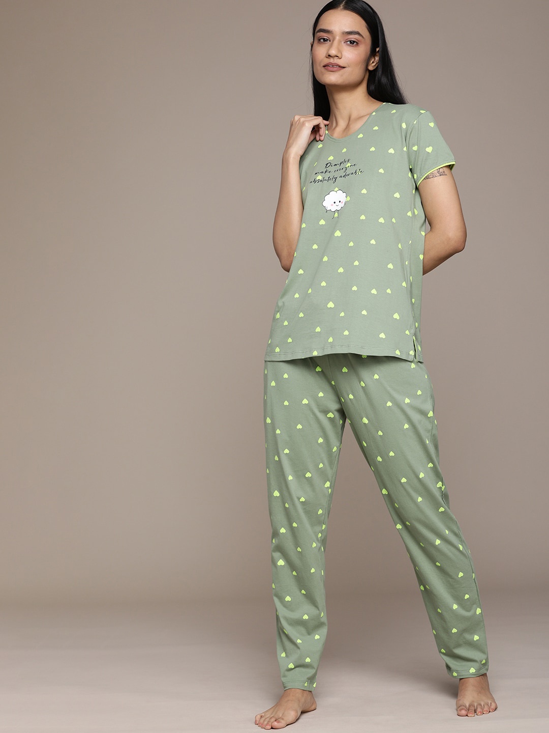 

beebelle Women Olive Green & Green Printed Pure Cotton Nightsuit