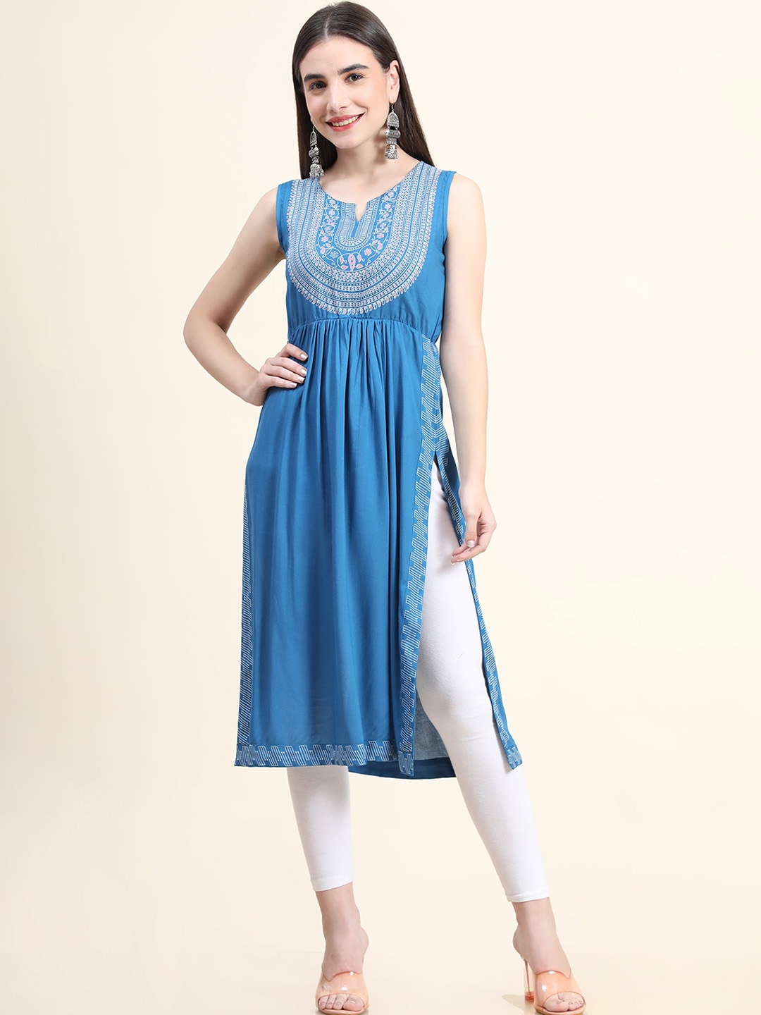 

DAEVISH Women Turquoise Blue Yoke Design A-Line High Slit Kurta