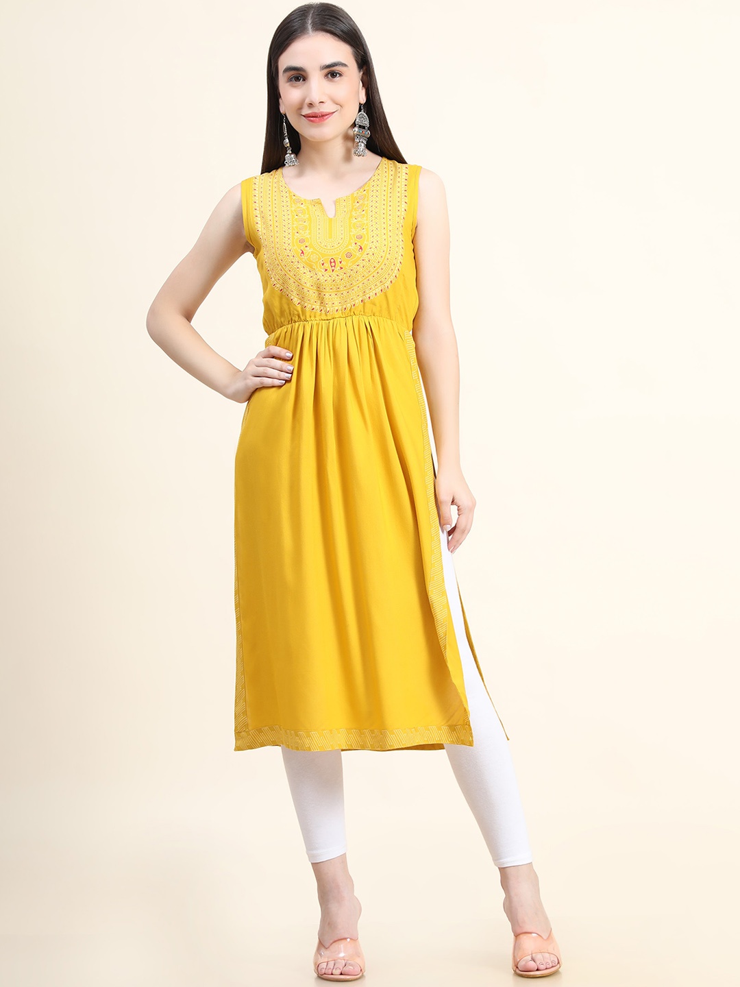 

DAEVISH Women Yellow Yoke Design A-Line High Slit Kurta