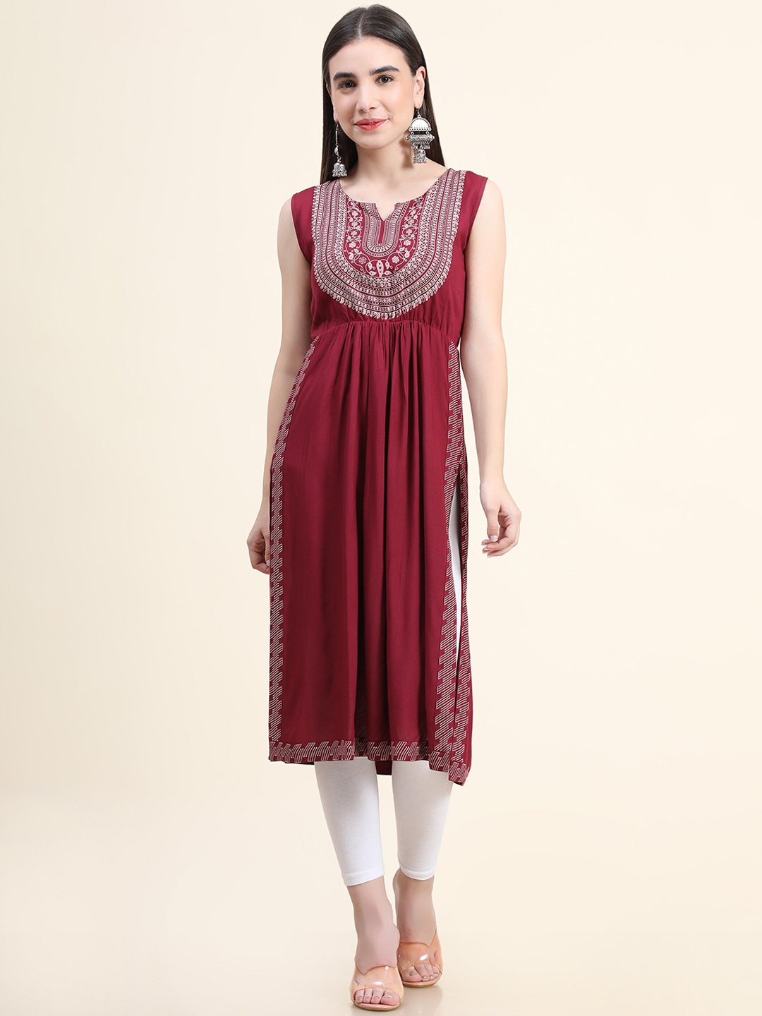 

DAEVISH Women Maroon Yoke Design A-Line High Slit Kurta