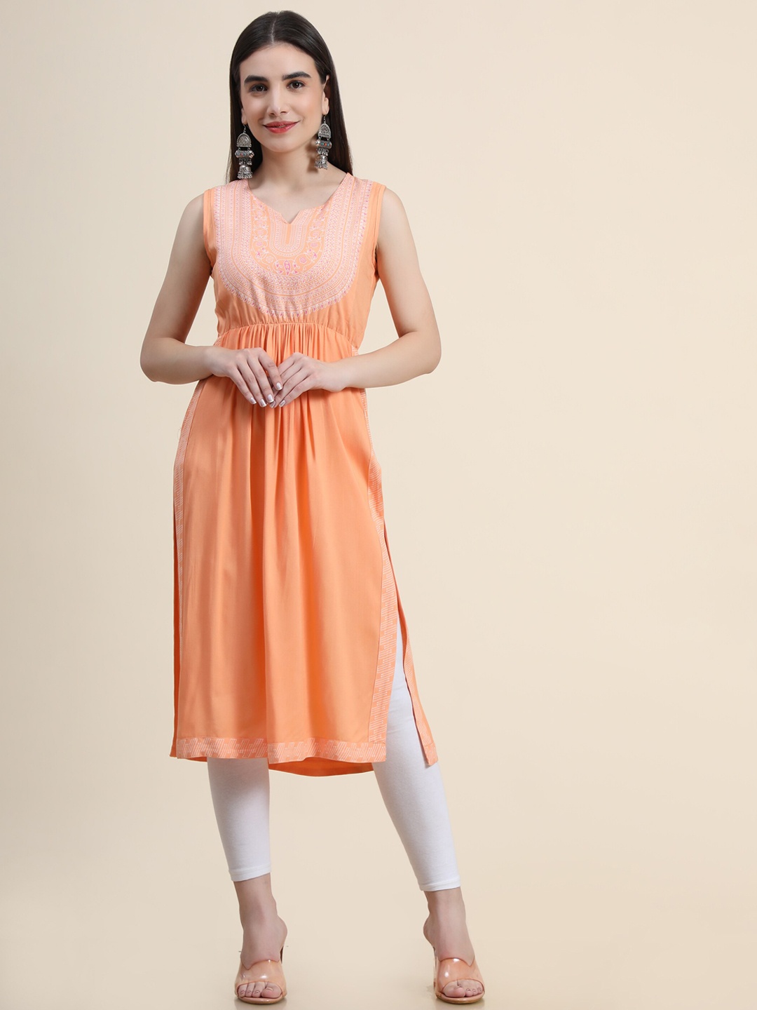 

DAEVISH Women Peach-Coloured Yoke Design Kurta