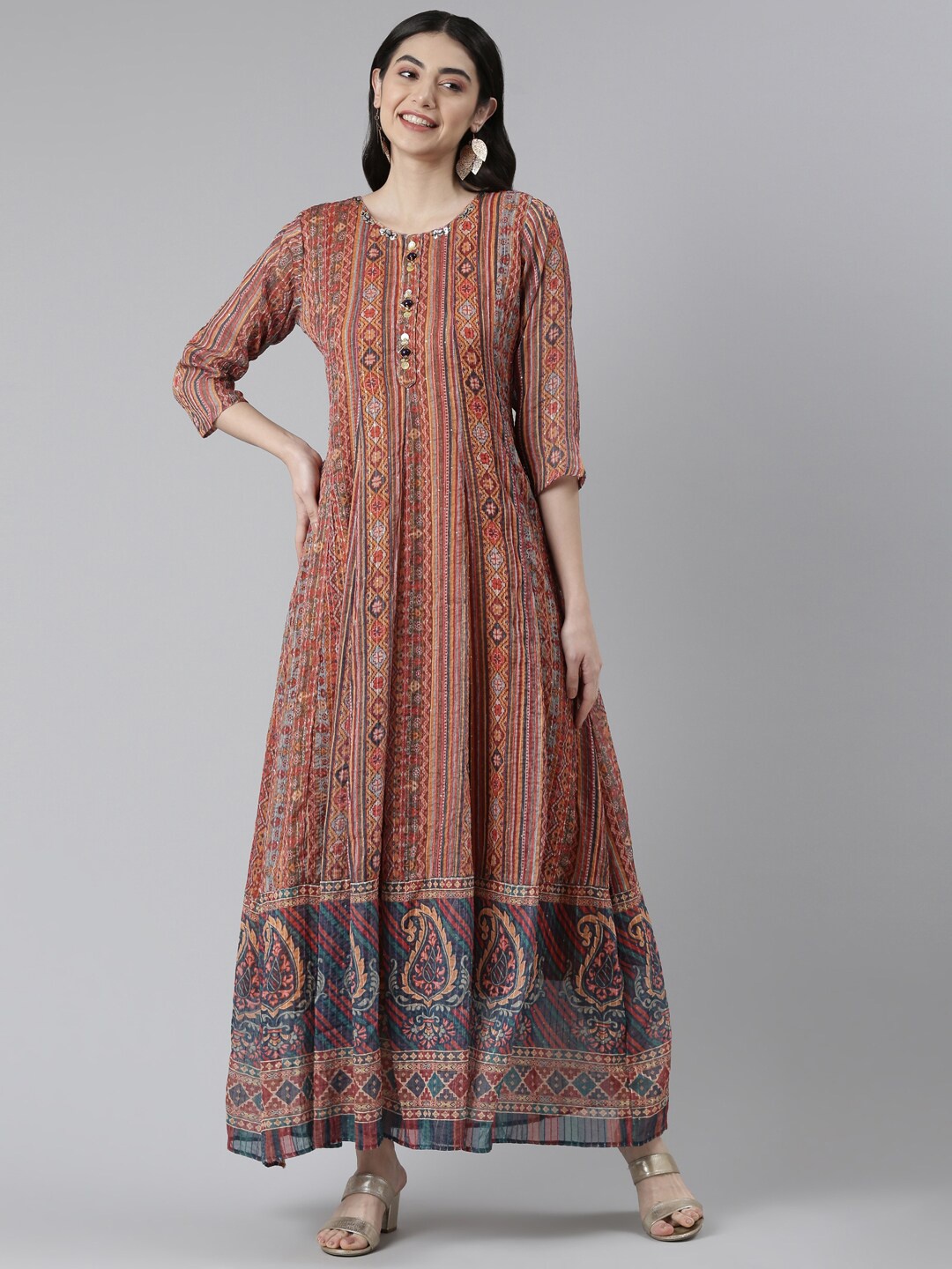 

Neerus Rust Brown Ethnic Motifs Maxi Cotton Dress