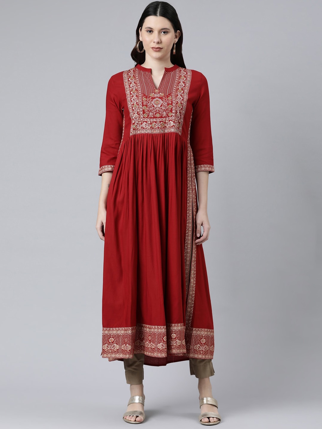 

Neerus Women Red Floral Yoke Design Anarkali Kurta