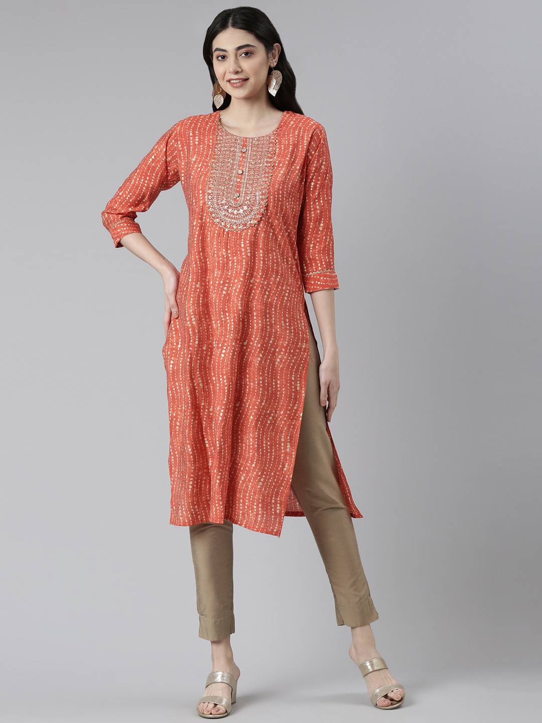 

Neerus Women Rust Printed Chanderi Silk Kurta