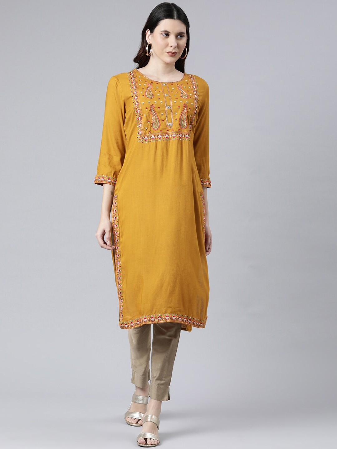 

Neerus Women Mustard Yellow Floral Embroidered Thread Work Kurta