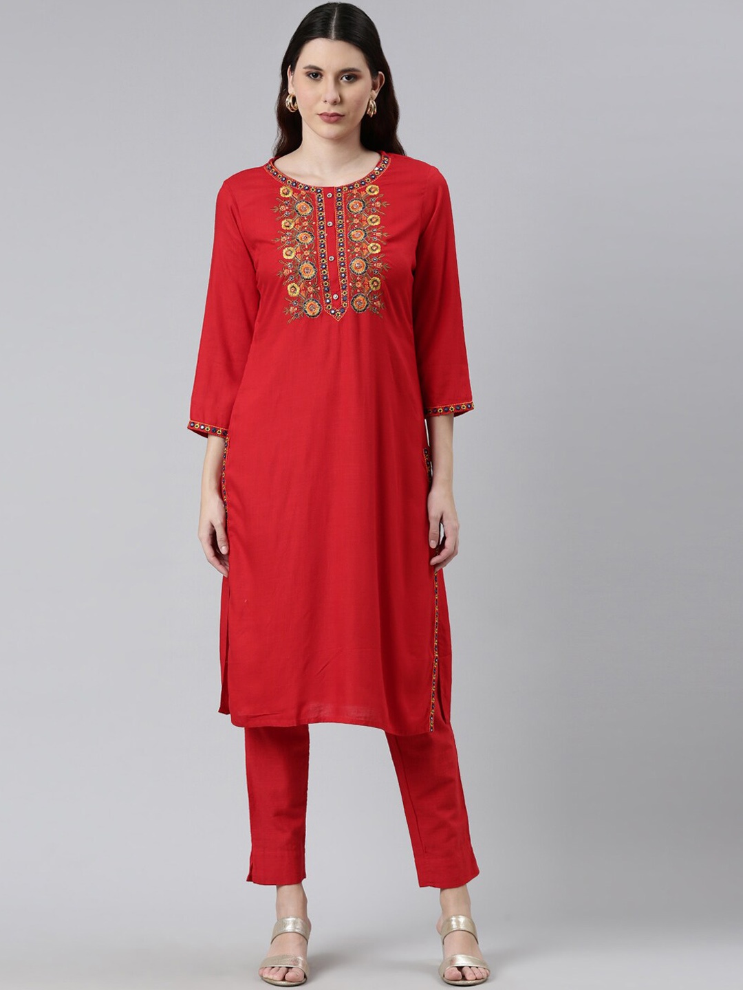 

Neerus Women Red Yoke Design Thread Work Kurta