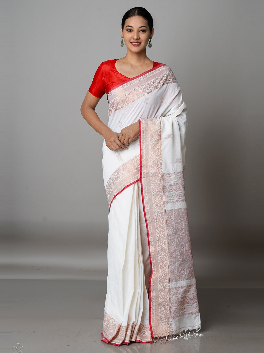 

Unnati Silks White & Copper-Toned Woven Design Zari Jamdani Saree