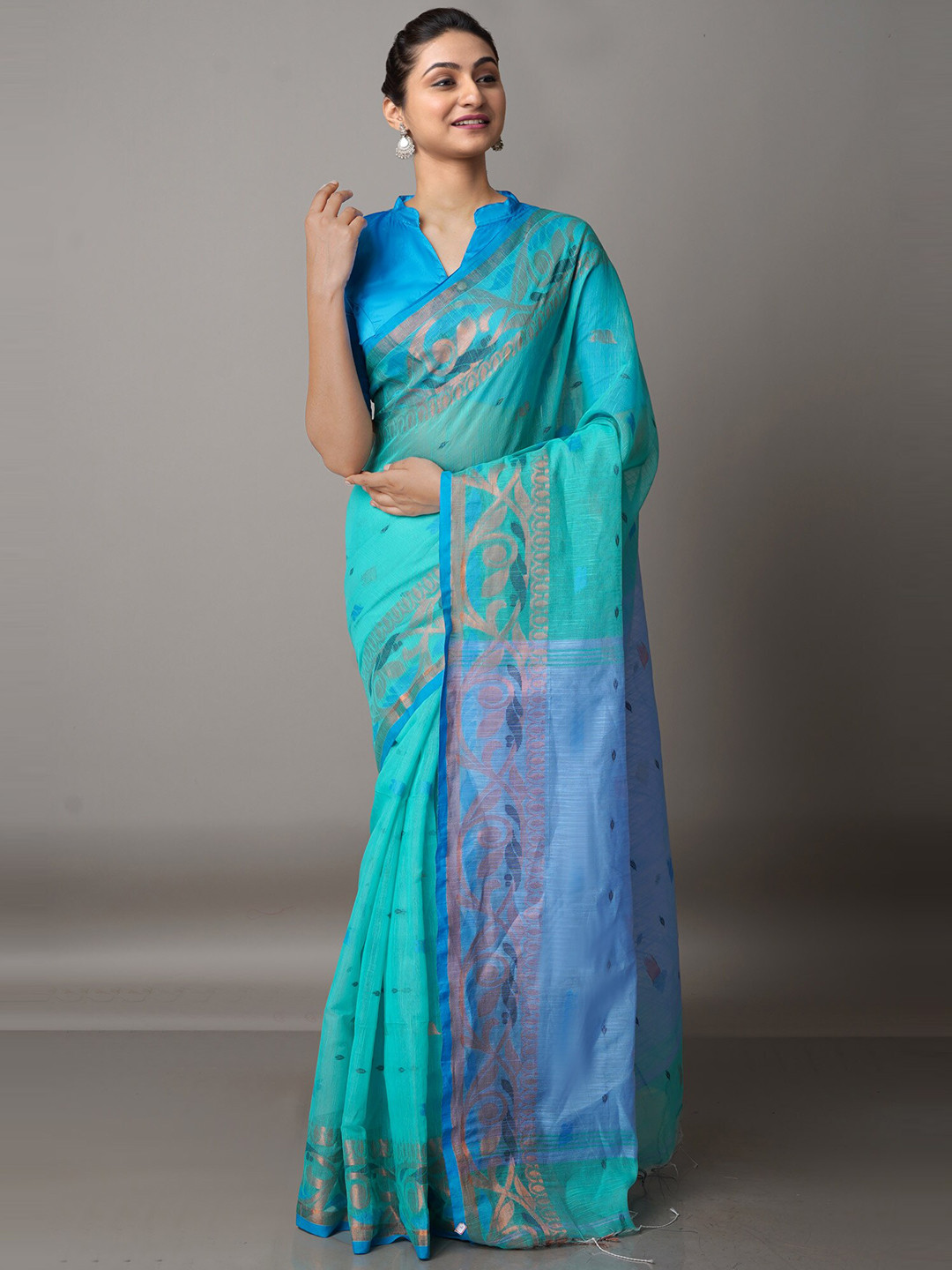 

Unnati Silks Green & Pink Woven Design Zari Silk Cotton Jamdani Saree