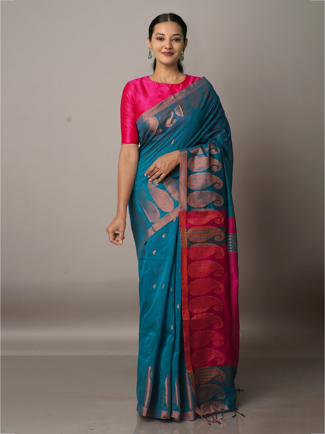 

Unnati Silks Teal & Copper-Toned Woven Design Zari Silk Cotton Jamdani Saree