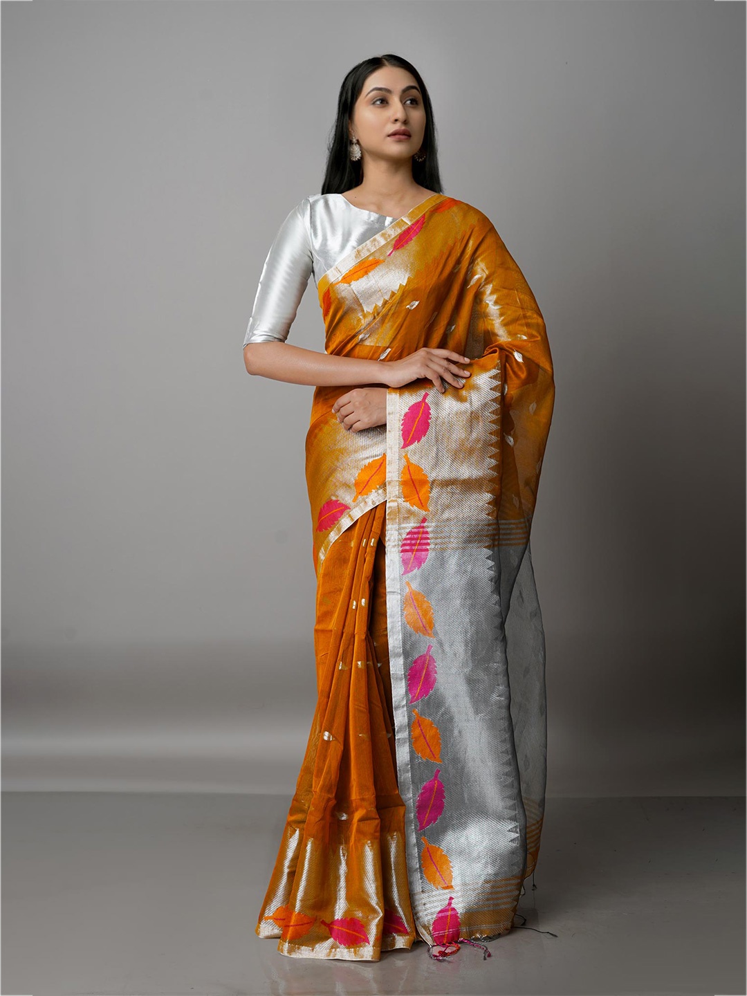 

Unnati Silks Mustard Yellow & Silver-Toned Woven Design Zari Silk Cotton Jamdani Saree